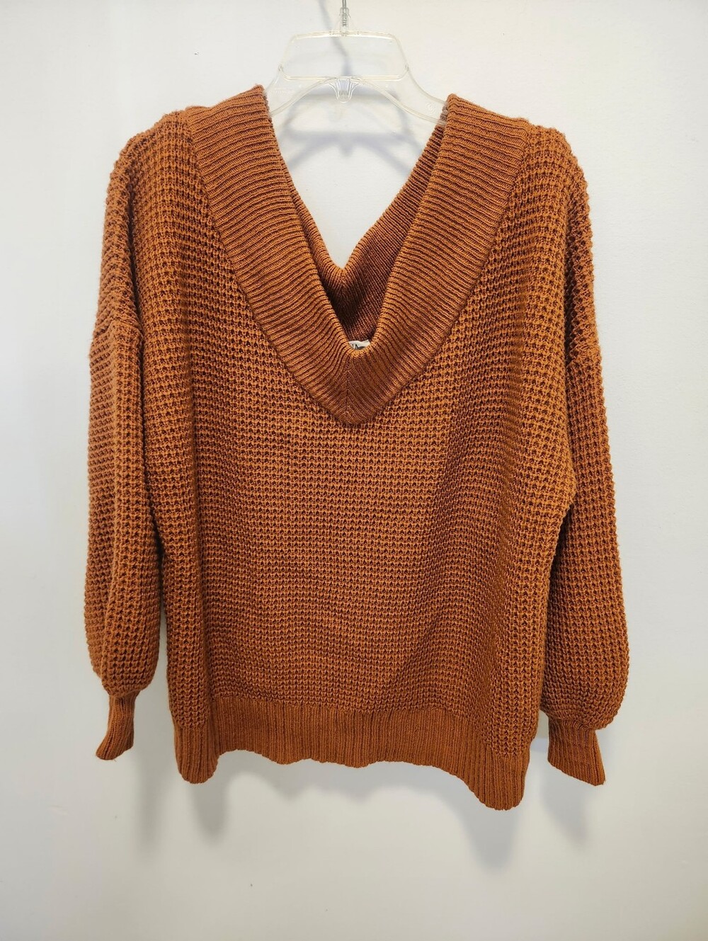 Zenana Outfitters Off-Shoulder V-Neck Chunky Knit Sweater - Rust - Picture 3 of 5